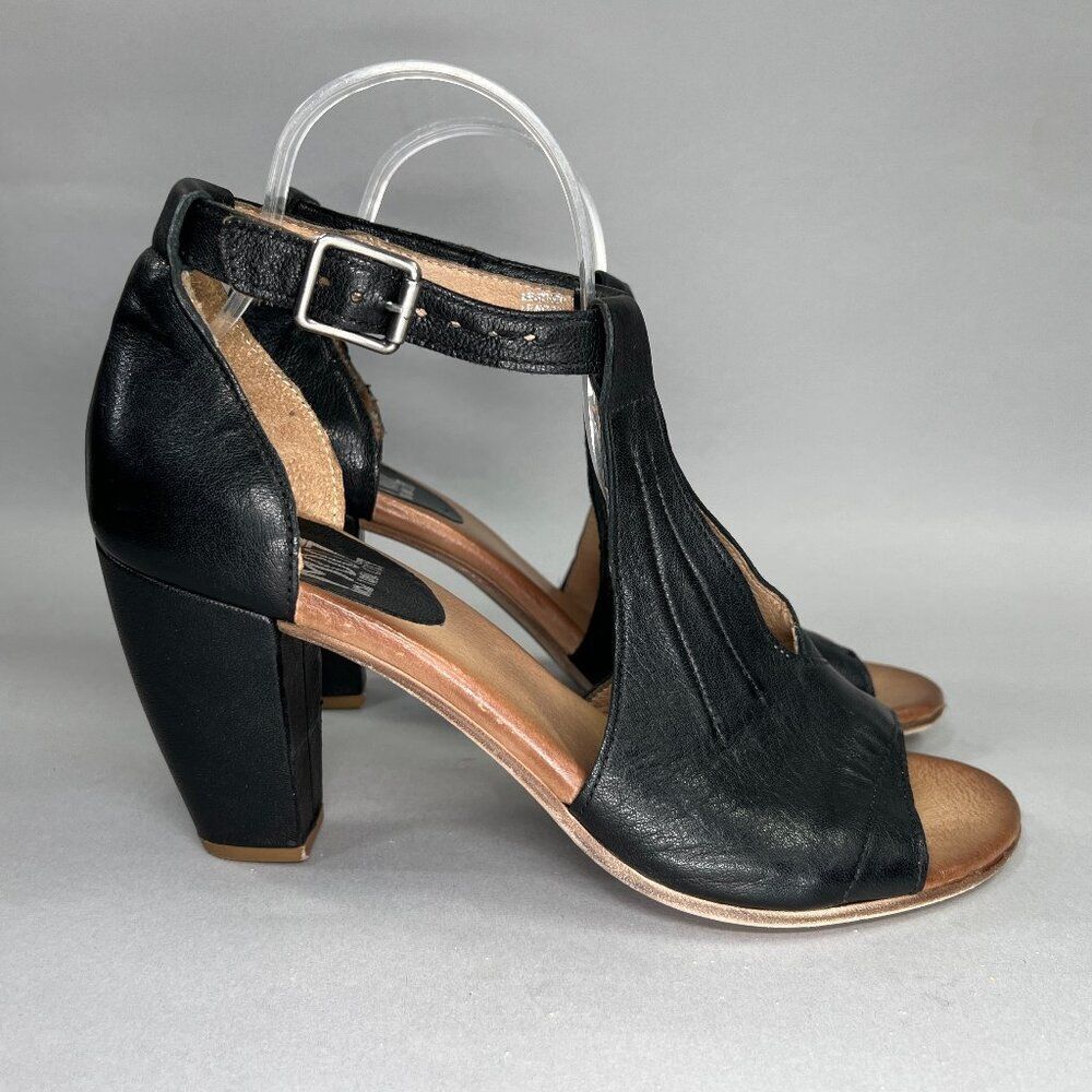 Miz Mooz Heels Women's Size 10 Black Leather Open Toe Buckle Ankle Strap Sandals